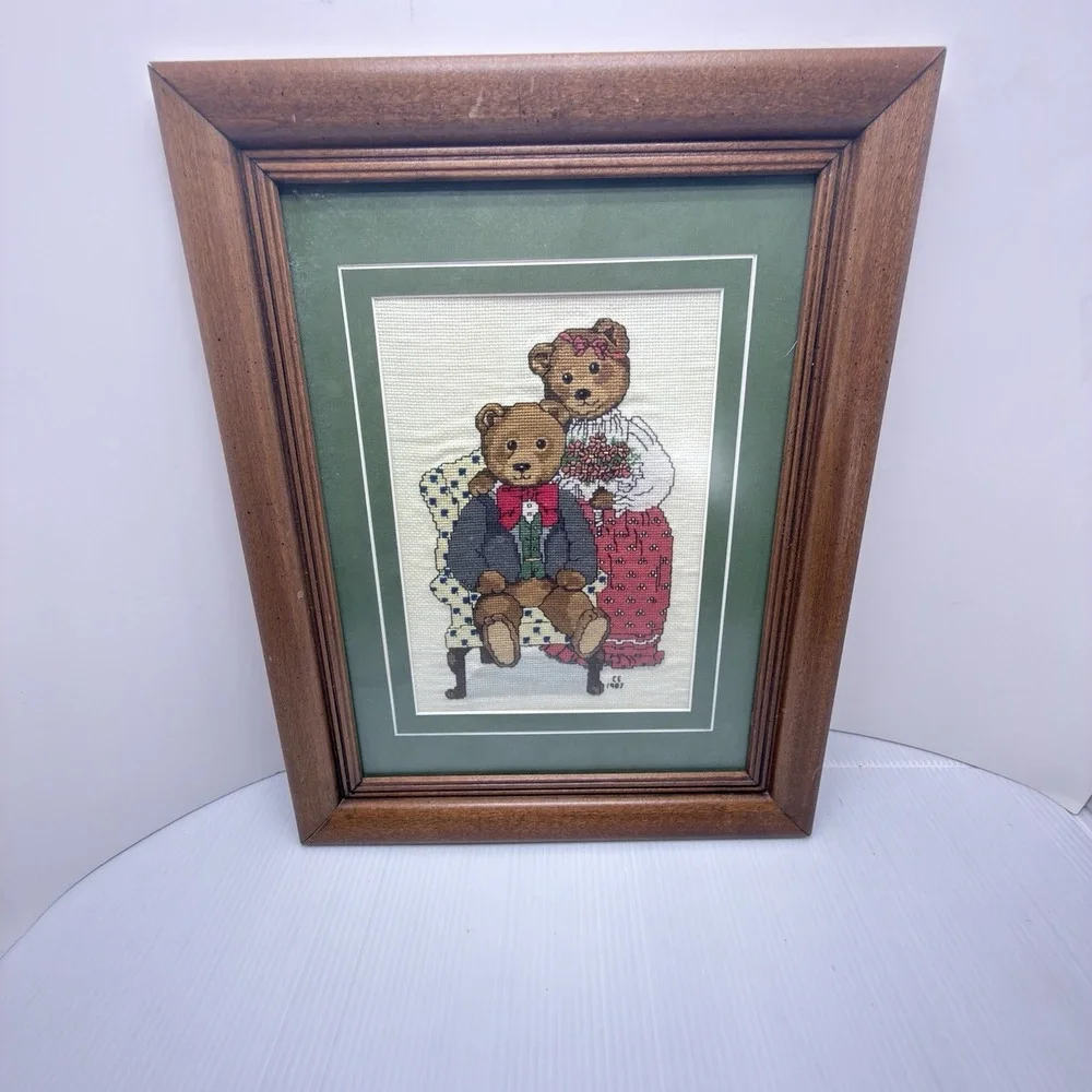1980's Cute Teddy Bear Cross Stitch Embroidery Framed 11x14 Grandmacore Wall Art